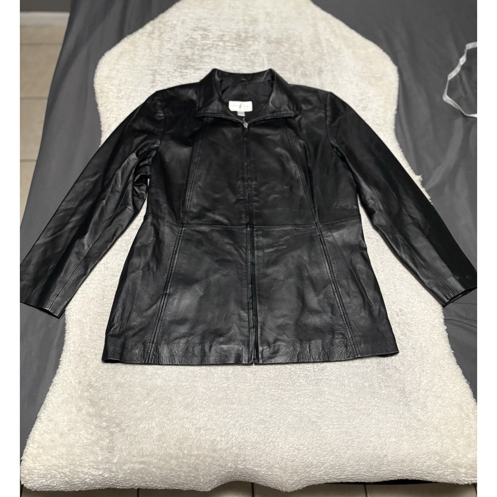 Worthington Womens L Large Black Genuine Leather Full Zip Jacket Outerwear